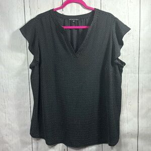 Adrianna Papell Black White Polka Dot V Neck Flowy Short Sleeve Top Blouse